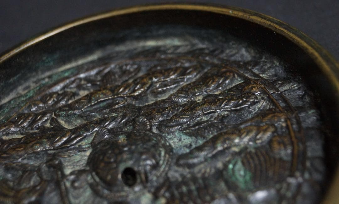 江戸時代 金工細工『鶴亀松文』天下一 古銅鏡 和鏡 古鏡☆時代物☆