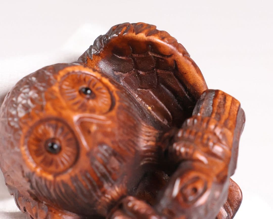 木製 提物 根付 正次(銘) 梟 ふくろう 彫刻 木彫り【MA923】