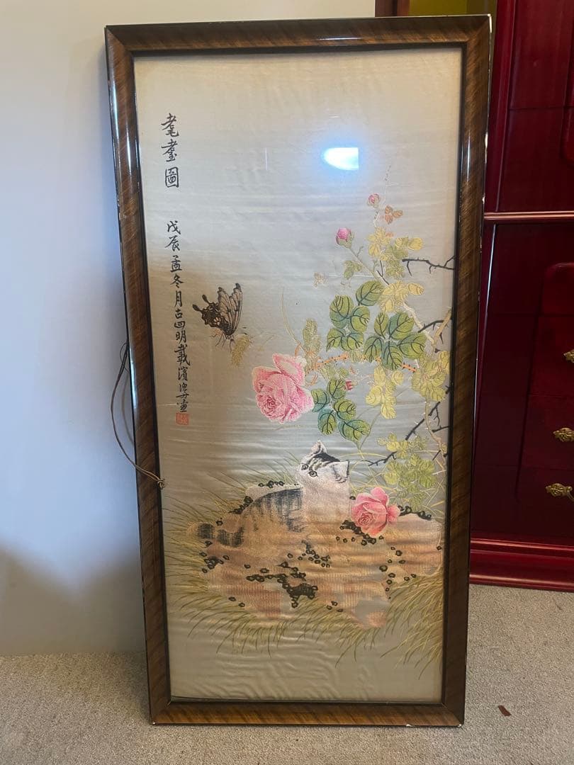 中国美術 蘇州刺繍 壽畫圖 猫と薔薇 蝶図 作者銘入 額装大判シルクアート