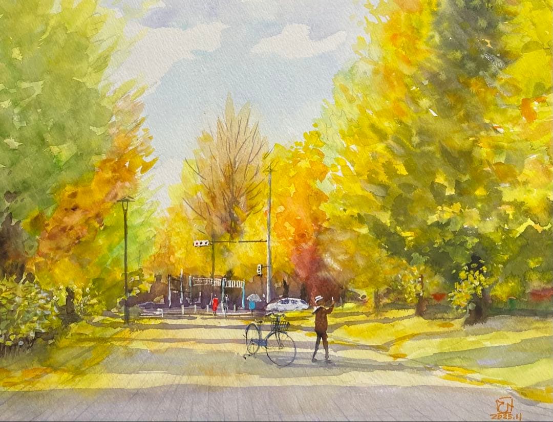 1055☆水彩画原画　風景画　［銀杏並木紅葉］