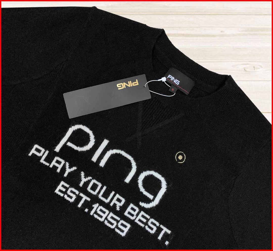 【新品】ピンゴルフニットGOLDラインジャカードカシミヤセータークルーネック黒S
