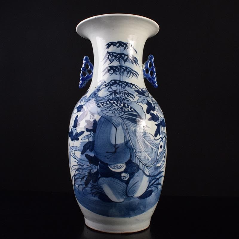 中国　青花　鳳凰花文　双耳瓶　高さ約43cm　M　R7622F