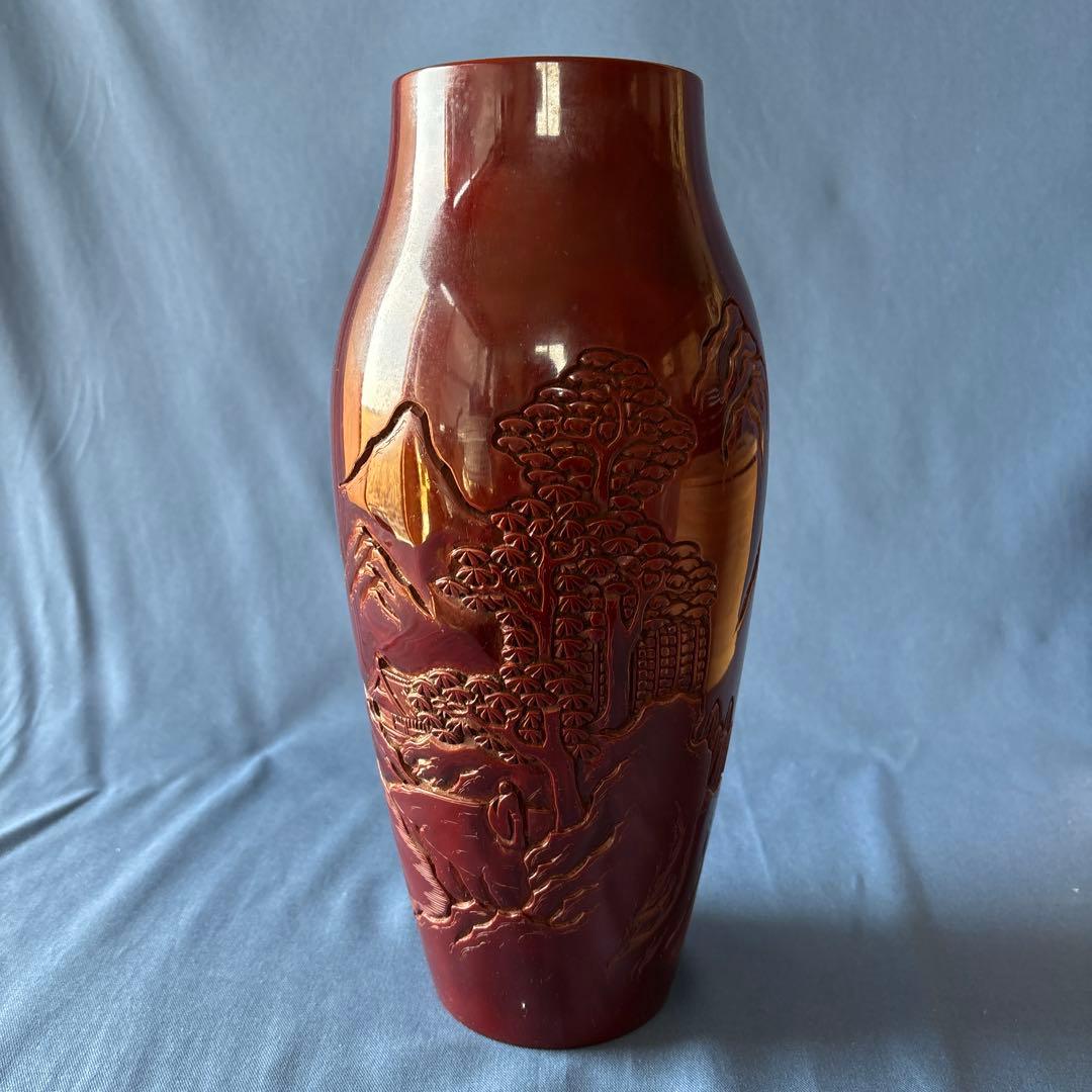 【伝産シール有】村上堆朱 花瓶 伝統工芸 山水文