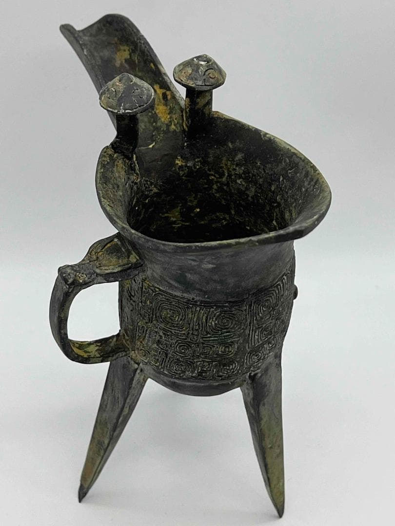 中国古美術　戦国から漢時代　青銅　ブロンズ　三足爵盃　酒具　極最工(C-72)