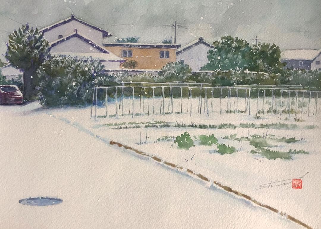水彩アート「初雪」1点物、手描き、真筆
