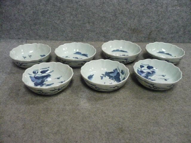 成化年製 伊万里 海辺に帆掛舟 染付 なます皿 7枚 [B31344]