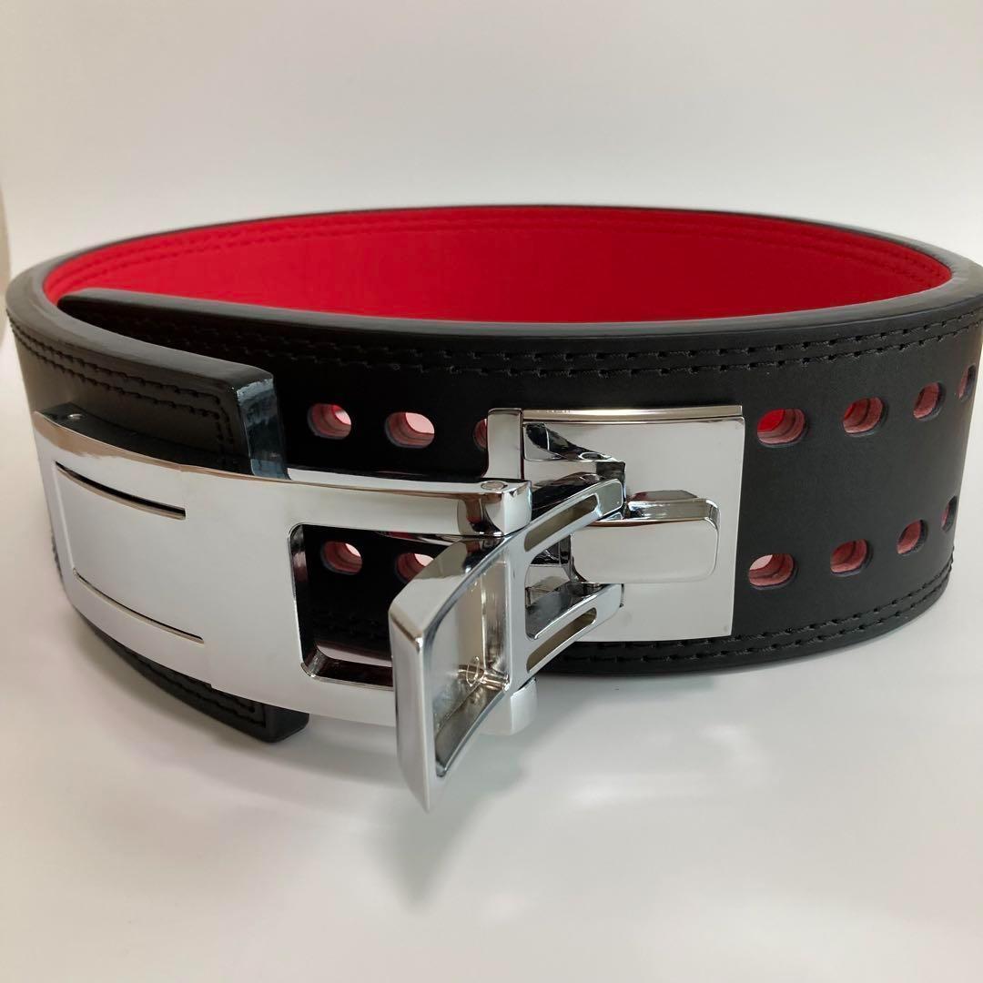 パワーベルト レバーアクション Mサイズ ワンタッチ可変式　黒×裏地赤×艶銀