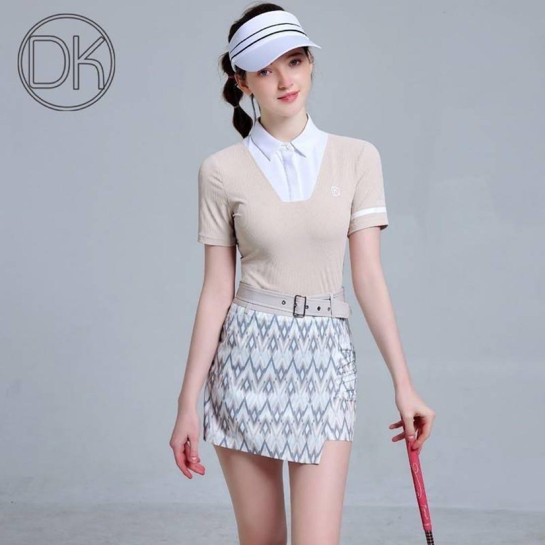 未使用♪ゴルフウェア上下セットXS ポロシャツ ミニスカート 重ね着風 ベルト付