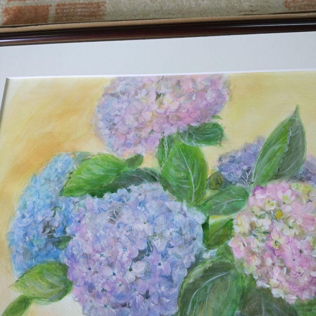 F１０号 紫陽花保田三友紀の水彩画、木製新品額縁付き