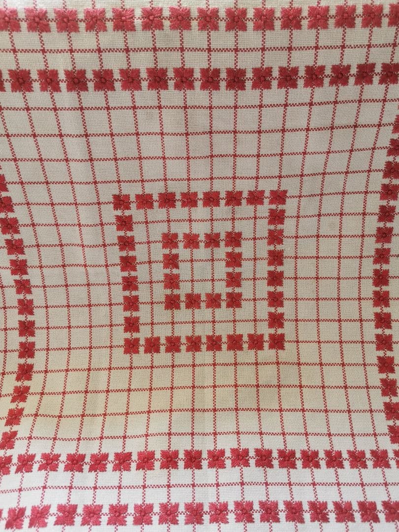 アンティーク フランス アルザス地方 赤糸花刺繍 チェック 大判リネンクロス