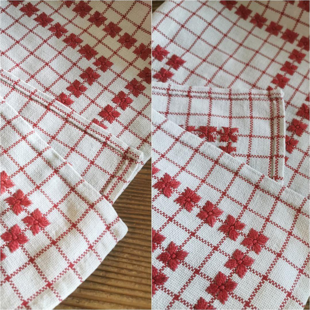 アンティーク フランス アルザス地方 赤糸花刺繍 チェック 大判リネンクロス