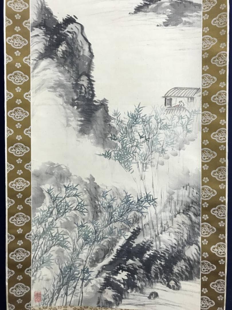 【真作】服部五老/淡彩山水人物画賛/山水図/幽居図/掛軸/名家伝来/AD-19