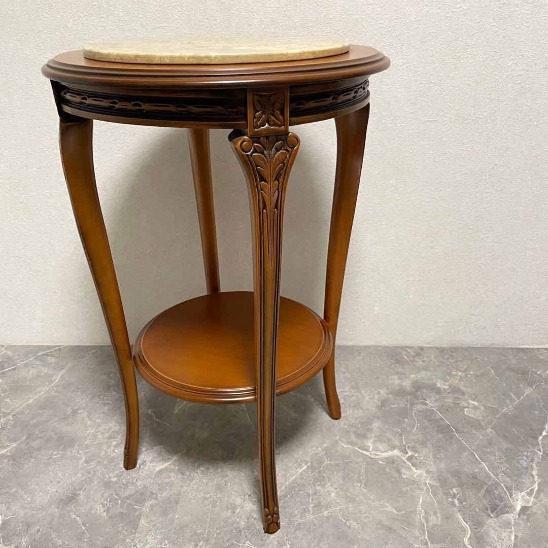 イタリア製　天板大理石　花台　サイドテーブル　木彫刻　飾り台　猫脚