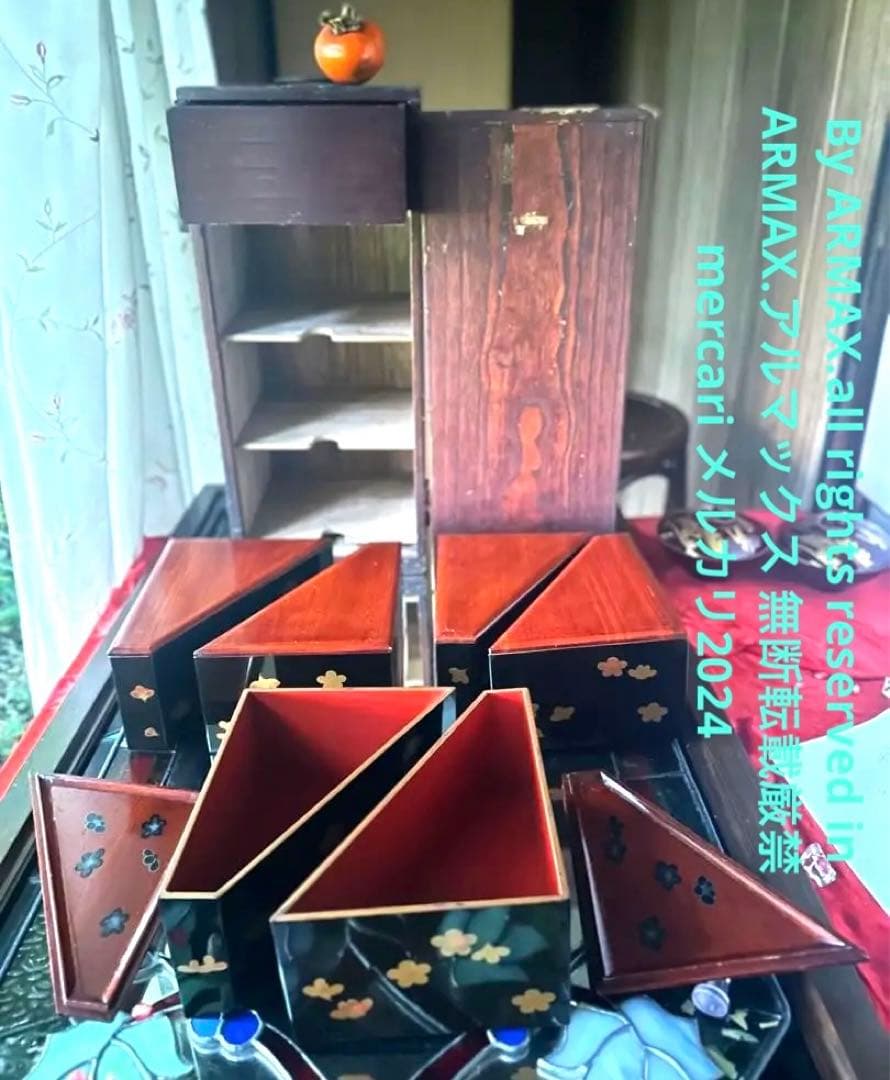 2213様感謝‼️総欅JAPAN蒔絵梅六点大名道具絵替り組子野弁当三対