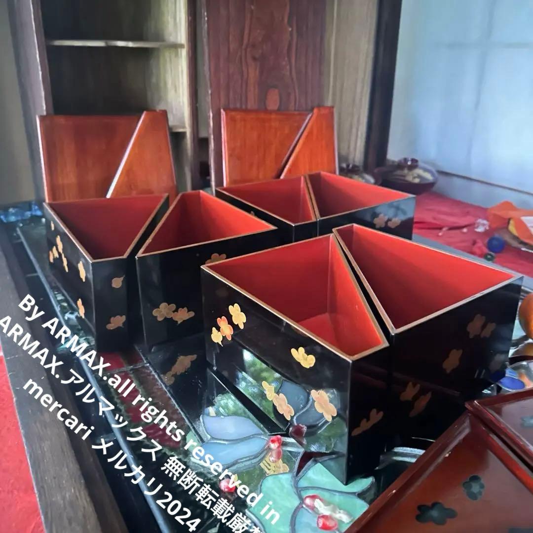 2213様感謝‼️総欅JAPAN蒔絵梅六点大名道具絵替り組子野弁当三対