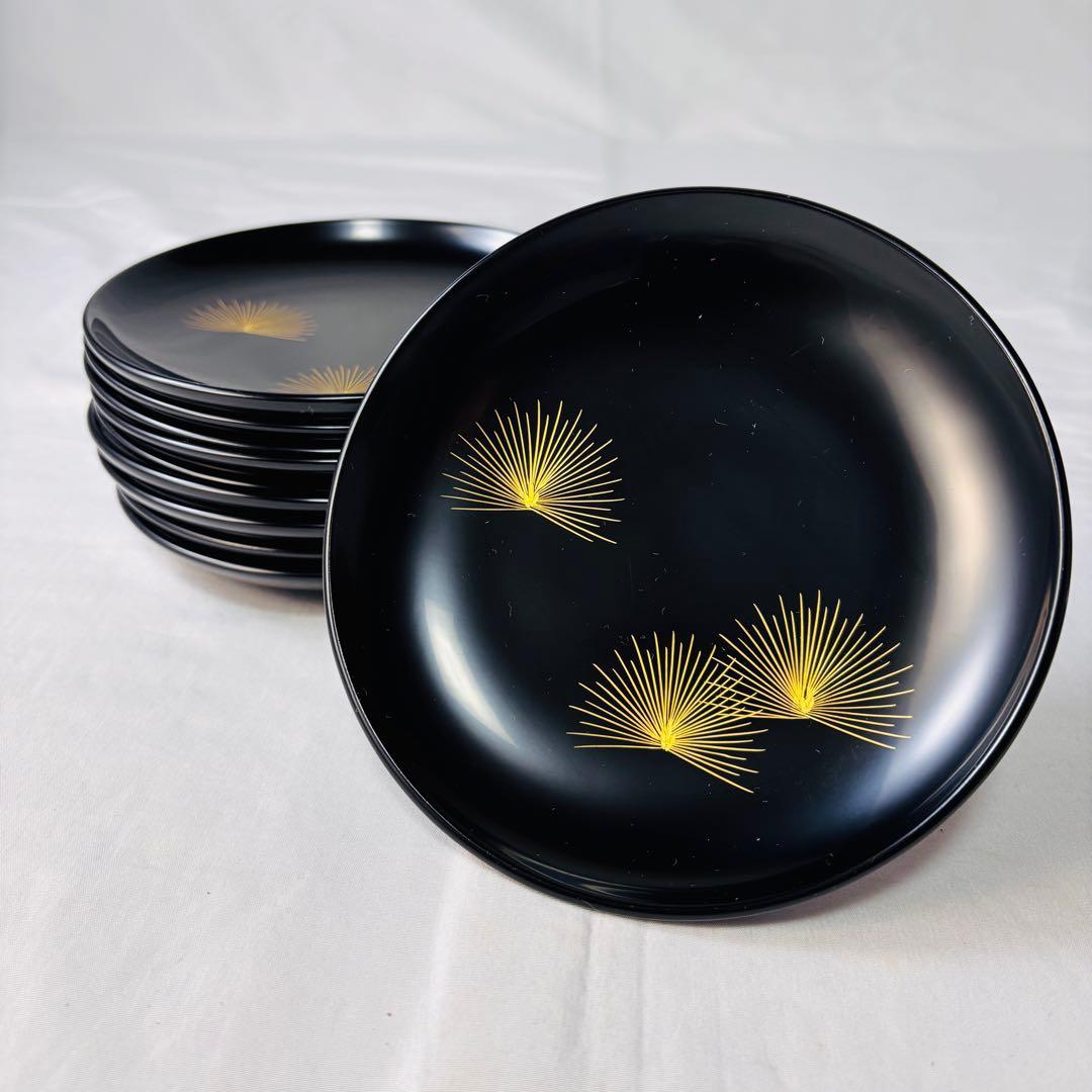 美品 輪島塗 銘々皿10客セット 共箱付 松金蒔絵 黒塗 漆器 和モダン