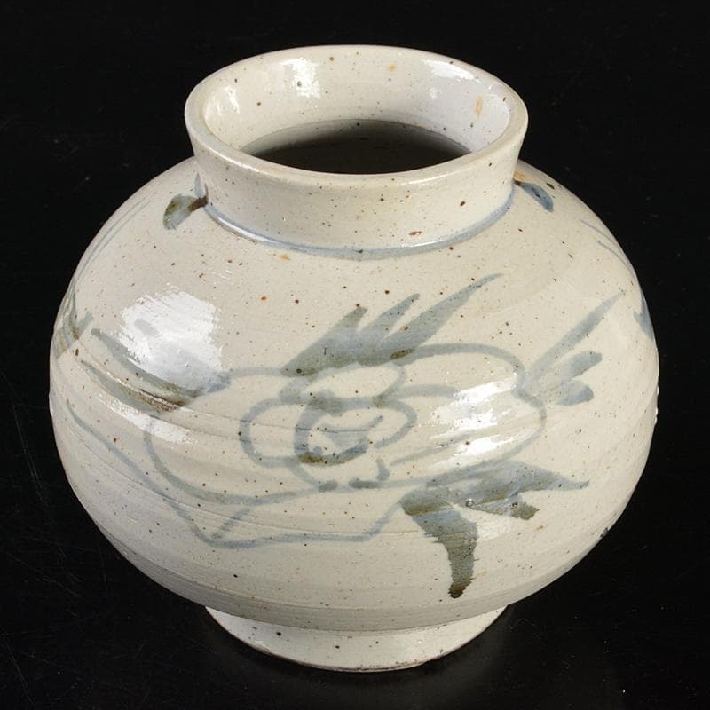 朝鮮美術　李朝　高麗白磁　染付　花文　丸壷　D　R6758