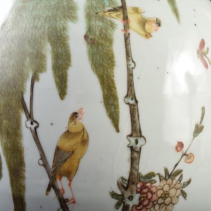 中国　粉彩花鳥文　双耳瓶　高さ約41cm　V　R7643F