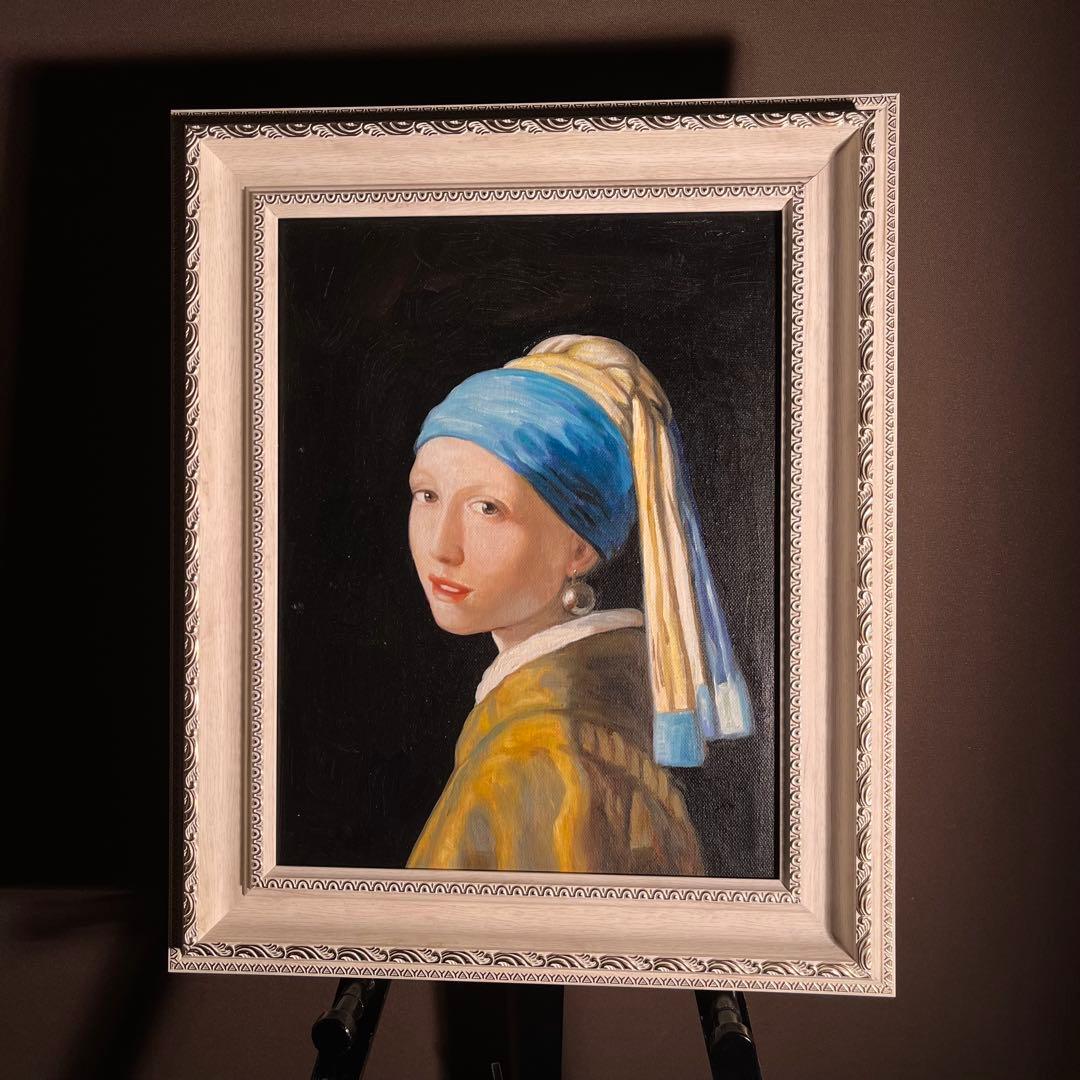 ★秀作★ 手書き油絵 フェルメール 真珠の耳飾りの少女 額付 絵画 油彩画