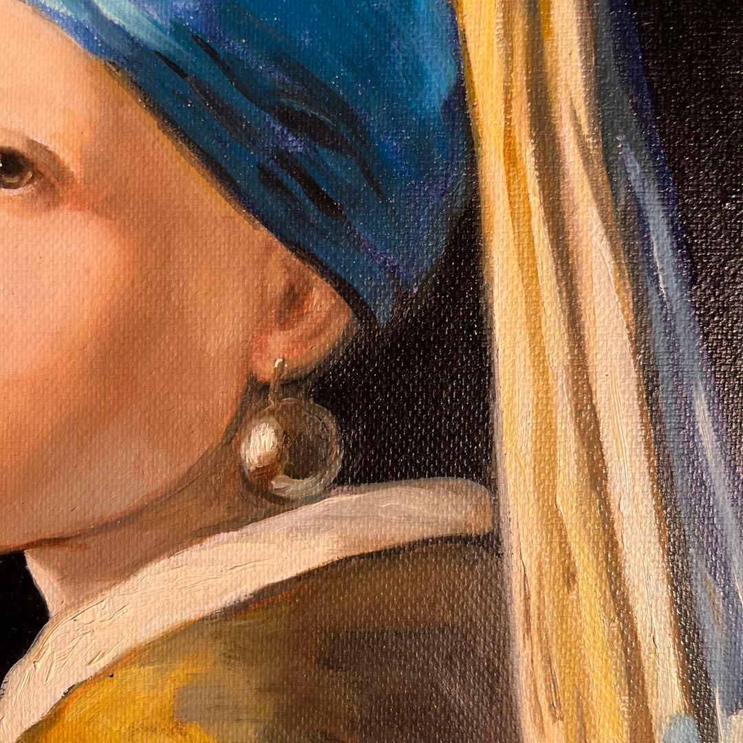 ★秀作★ 手書き油絵 フェルメール 真珠の耳飾りの少女 額付 絵画 油彩画