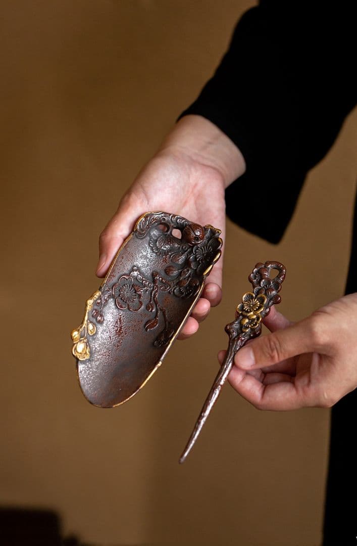 梅の花の手浮彫り茶則 茶杓 新品未使用 茶道具