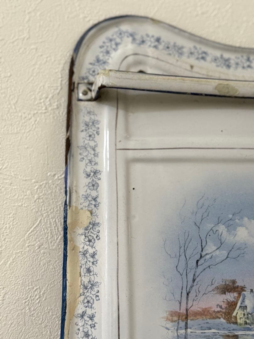 フランスアンティーク ホーローレードルラック花と風景の手描き絵 ハンドペイント