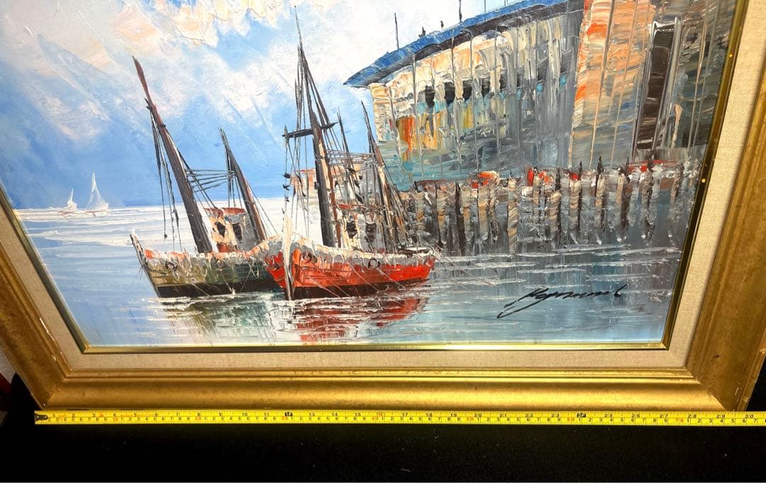 世界堂　額　豪華　額縁付き　油彩絵 船 風景 絵画　肉筆　サイン　アンティーク