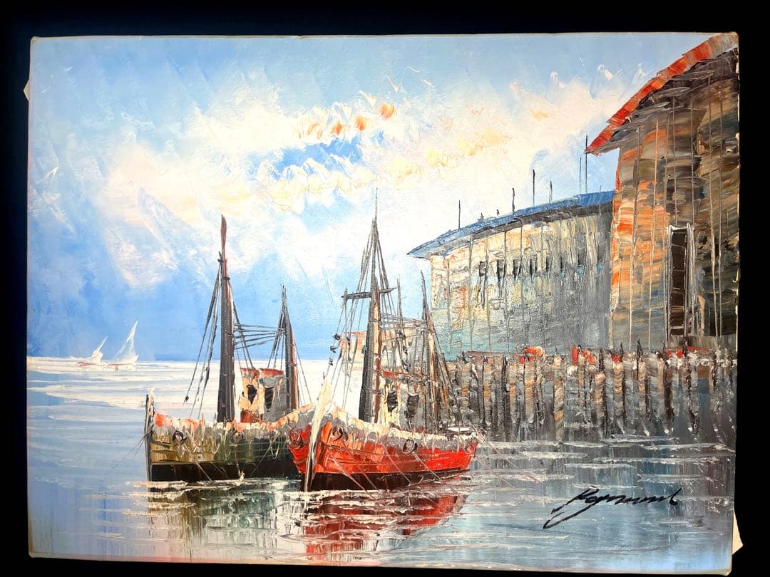 世界堂　額　豪華　額縁付き　油彩絵 船 風景 絵画　肉筆　サイン　アンティーク