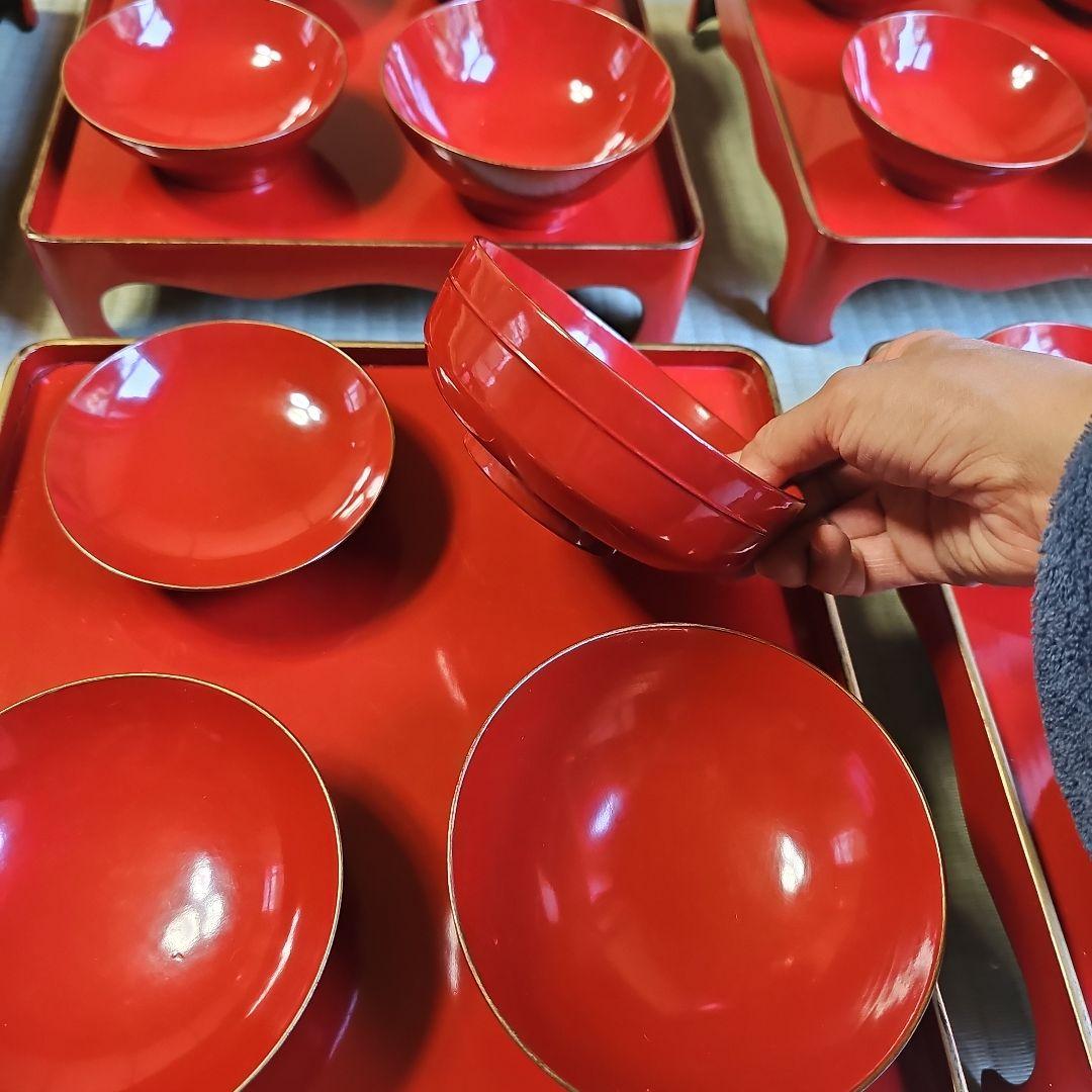 昭和レトロ/1950年代前半物】赤漆塗り お膳セット 金縁 会席膳 茶懐石6客