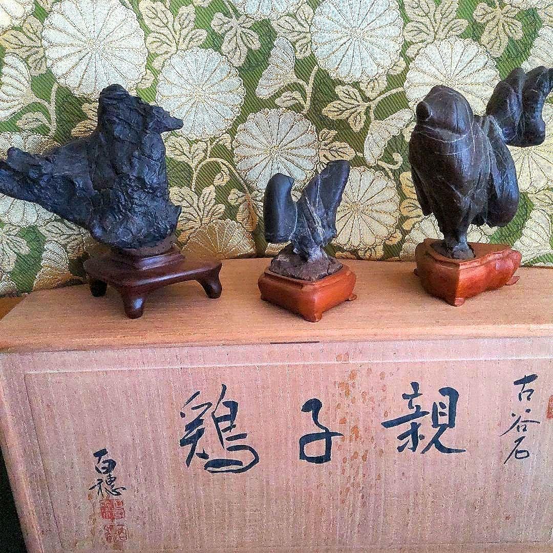 【最終価格】紀州名産　古谷石　銘、親子鶏　　谷本百穂箱書付　水石　盆石