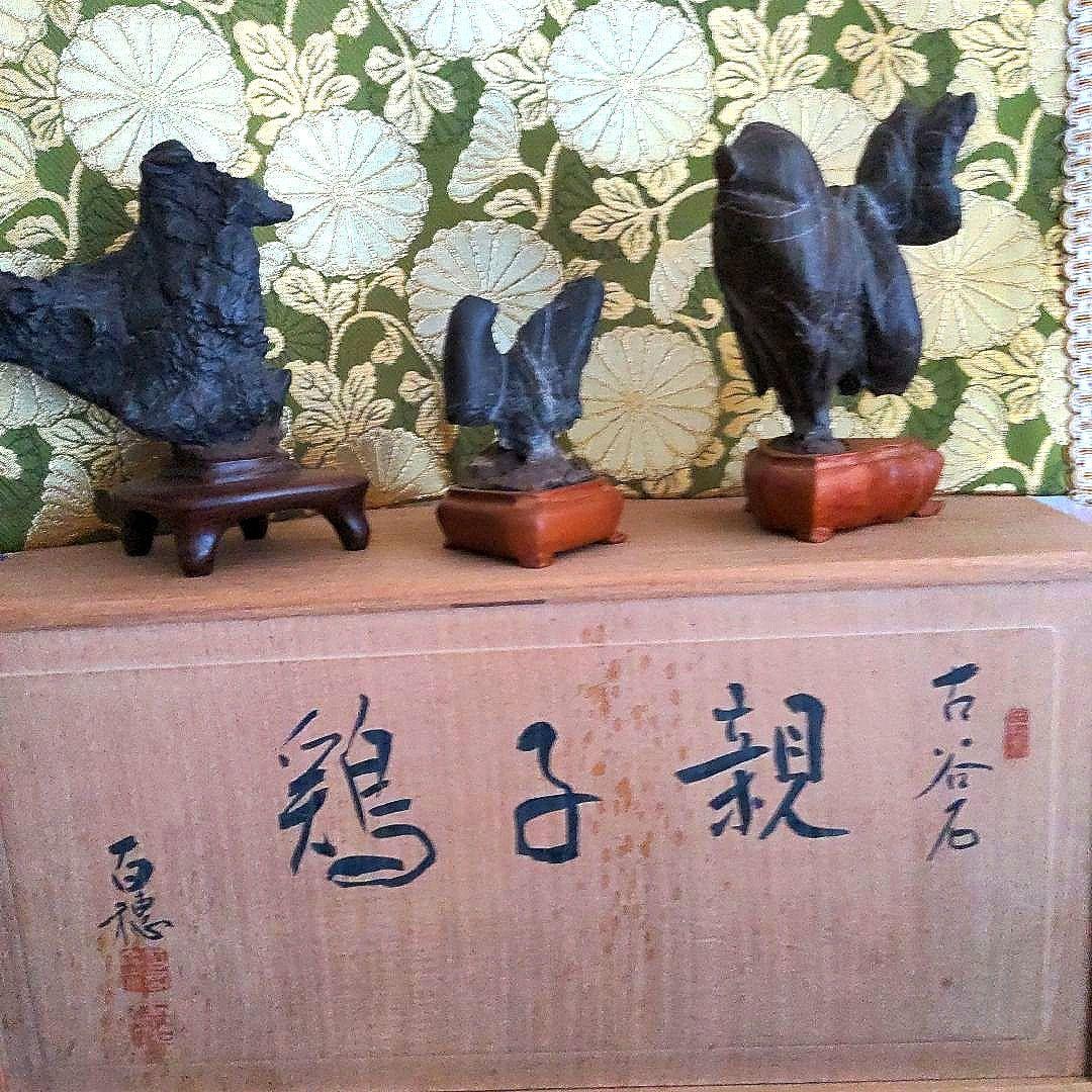 【最終価格】紀州名産　古谷石　銘、親子鶏　　谷本百穂箱書付　水石　盆石