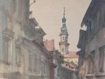 【真作】絵画　水彩（色紙）　フランクフルトのまち　スケッチ風景　Y197