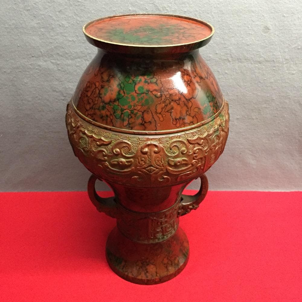 Y【中古】銅製花瓶 龍 飾り壺 青銅 耳付き 兼春作 双耳 古美術 アンティーク