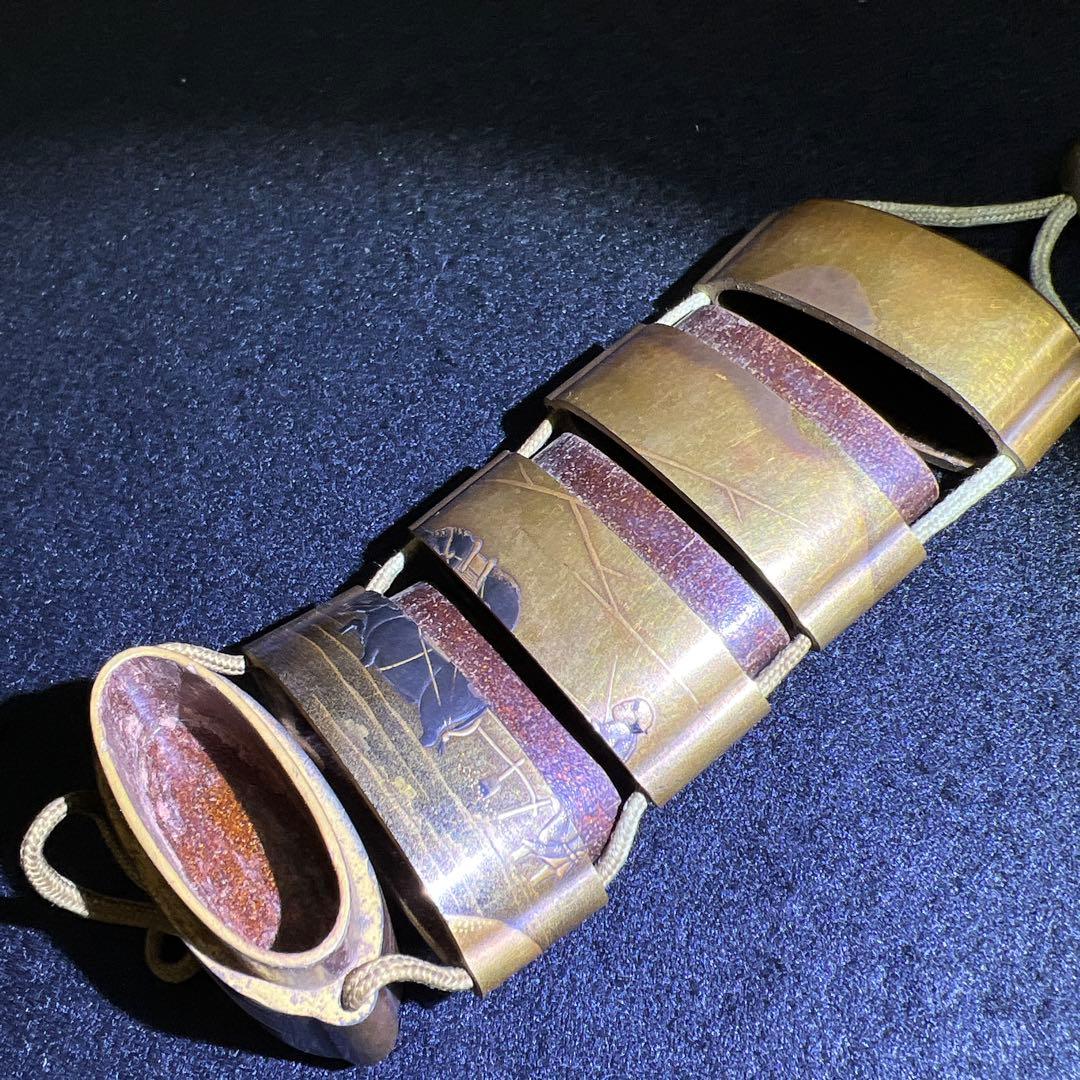 江戸時代　極上蒔絵山水人物画五段印籠、木彫根付　木箱付　東Y8-0128☆2F