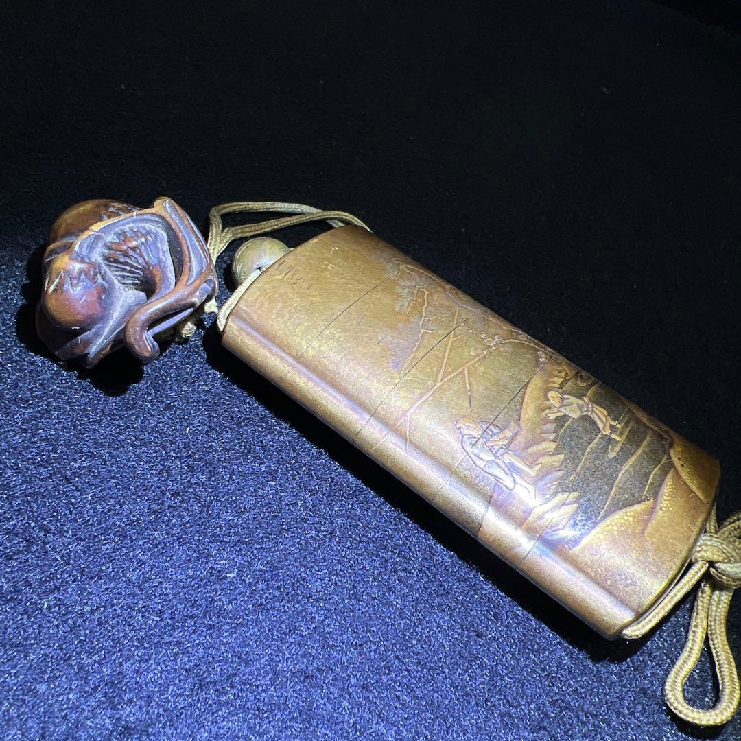 江戸時代　極上蒔絵山水人物画五段印籠、木彫根付　木箱付　東Y8-0128☆2F