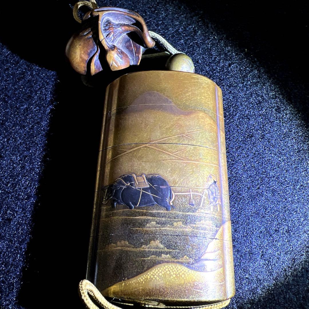 江戸時代　極上蒔絵山水人物画五段印籠、木彫根付　木箱付　東Y8-0128☆2F