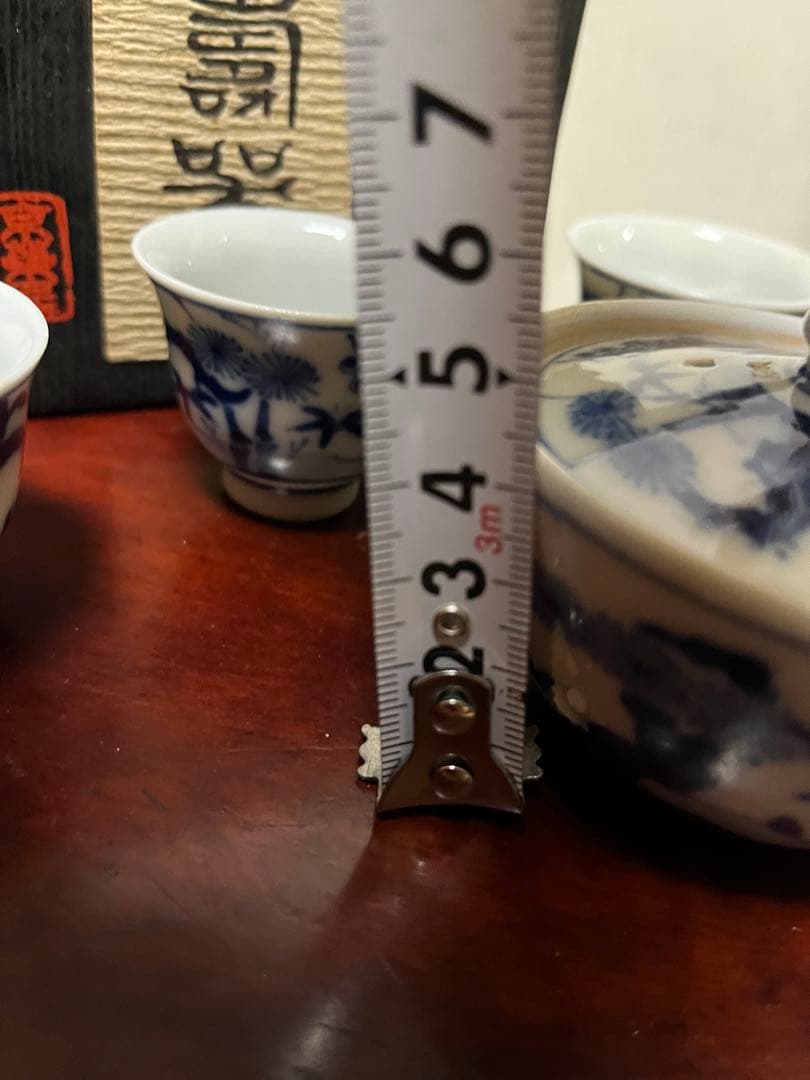 煎茶道具　松竹梅　九谷焼　染付 松竹梅　煎茶器セット　5客　花輪型湯冷　時代