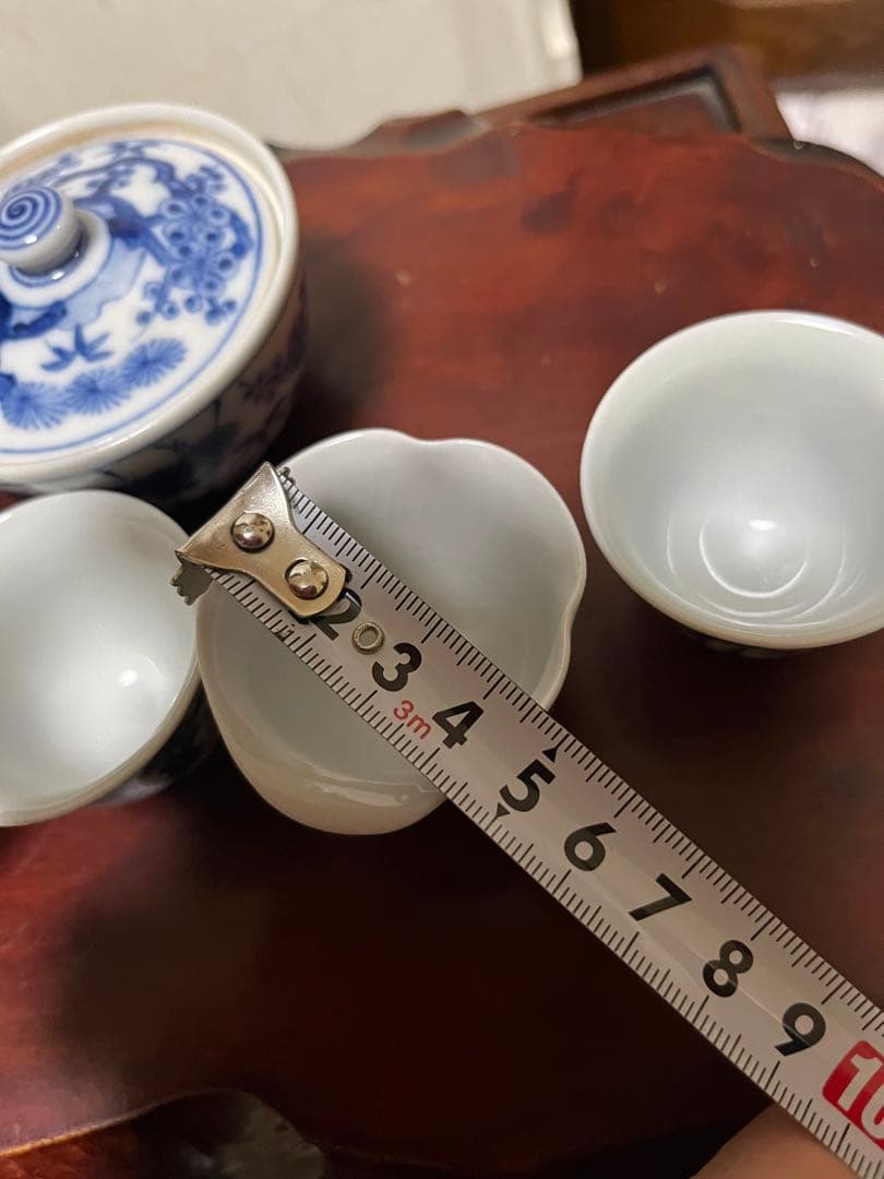 煎茶道具　松竹梅　九谷焼　染付 松竹梅　煎茶器セット　5客　花輪型湯冷　時代