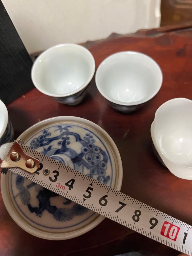 煎茶道具　松竹梅　九谷焼　染付 松竹梅　煎茶器セット　5客　花輪型湯冷　時代