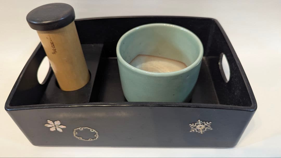 茶道具 木製黒塗 螺鈿 煙草盆一対 青磁火入 細密細工 茶懐石 漆　骨董　登月峯