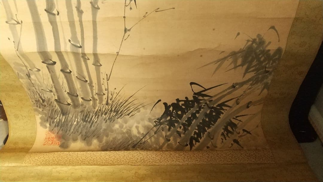 南画家 滝和亭 墨竹図 紙本掛軸 しみあり 傷みあり