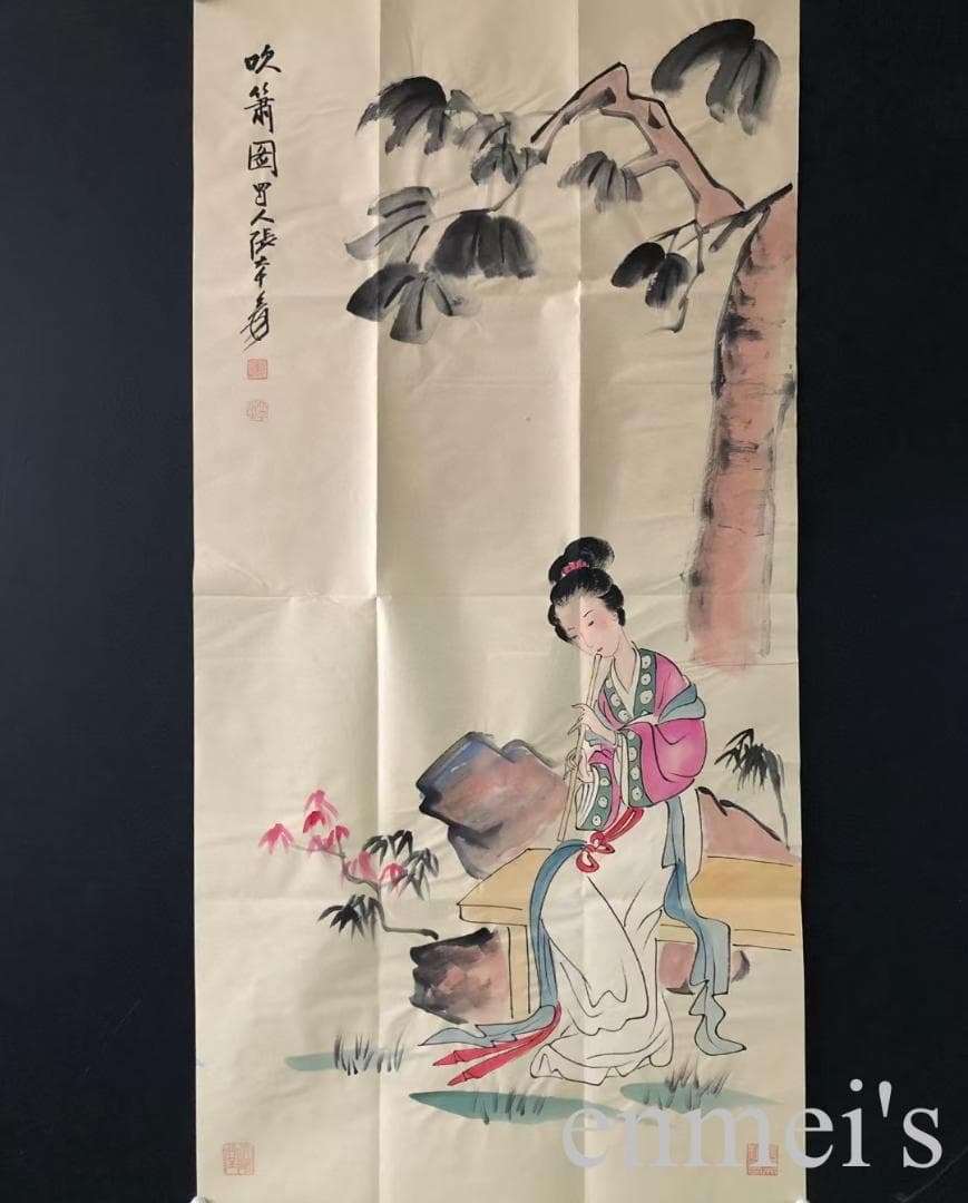 中国古美術・純手描き仕女図三尺画芯・水墨・彩色画・張大千印款・書道品・带水印・書