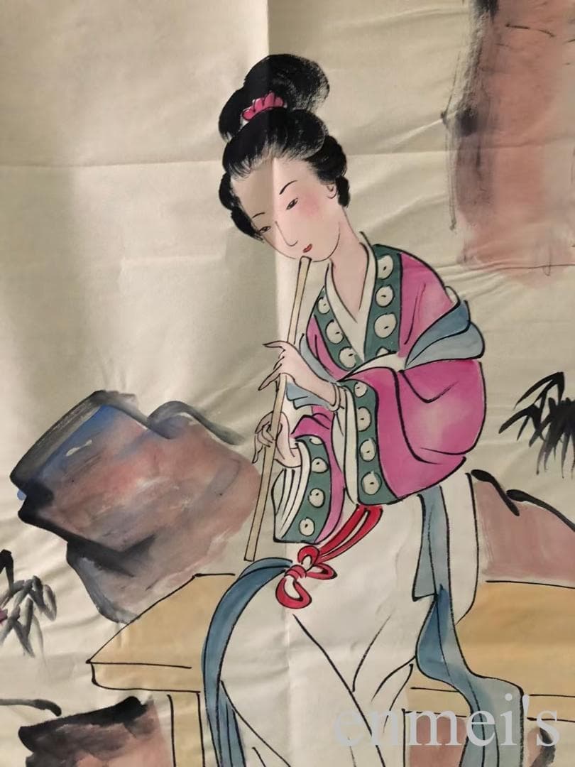 中国古美術・純手描き仕女図三尺画芯・水墨・彩色画・張大千印款・書道品・带水印・書