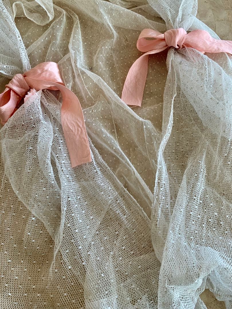 フランスアンティークドット柄チュールレースロングカーテン3枚set※古色ホワイト