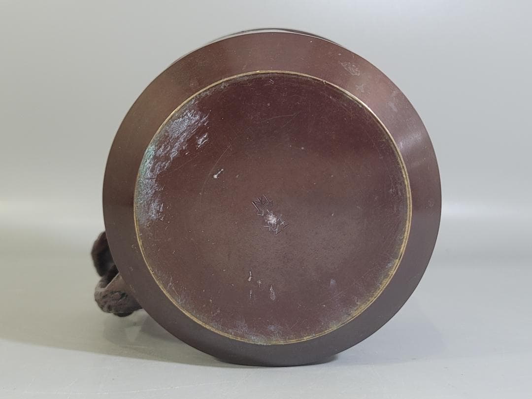 煎茶 銅 楼閣山水紋 霊芝手付 建水 琢斎造 DT322
