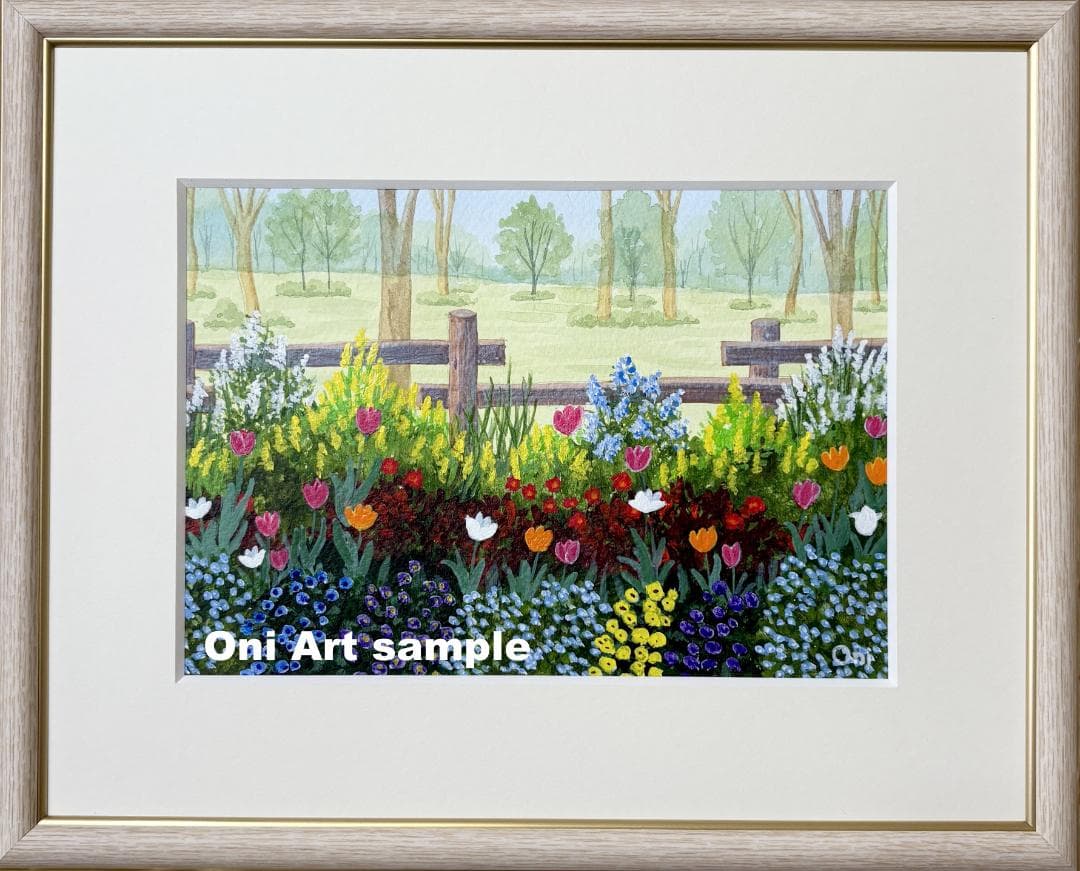 アクリル画　原画　「小さな花壇02」額縁付　SMサイズ
