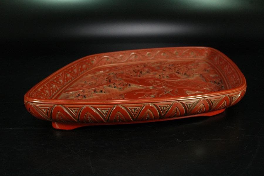 仿古 堆朱 刻 梅下女人紋 菱盆(K-LC479)