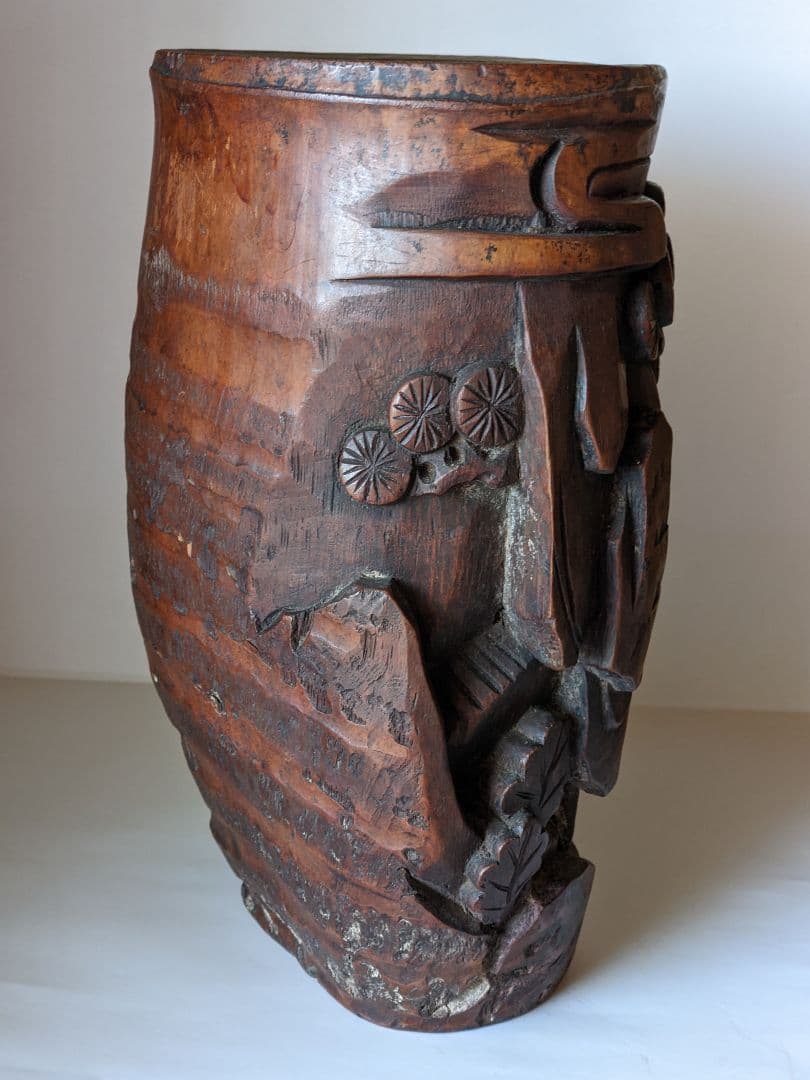 ♦古玩 古美術品 文房四宝 竹根 楼閣山水人物図 筆筒 中国清時代 骨董品書道具