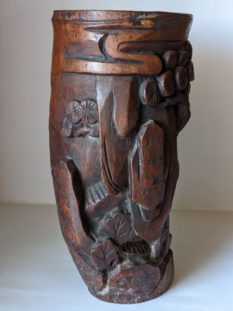 ♦古玩 古美術品 文房四宝 竹根 楼閣山水人物図 筆筒 中国清時代 骨董品書道具