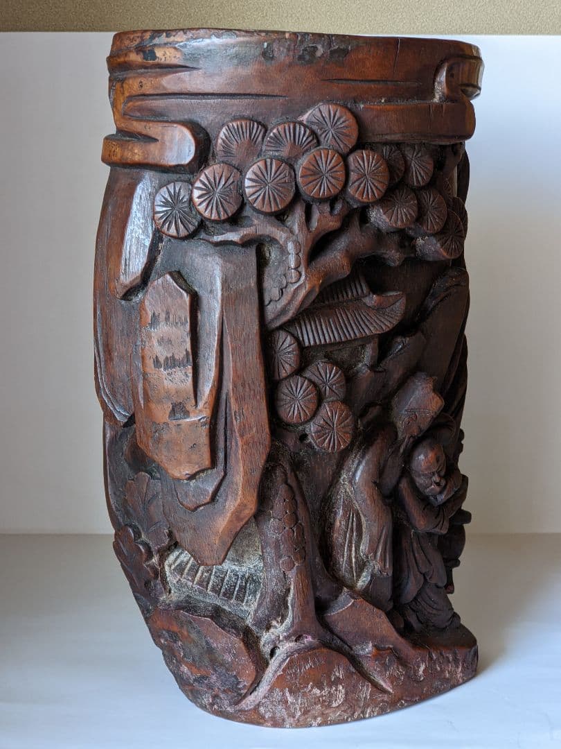 ♦古玩 古美術品 文房四宝 竹根 楼閣山水人物図 筆筒 中国清時代 骨董品書道具